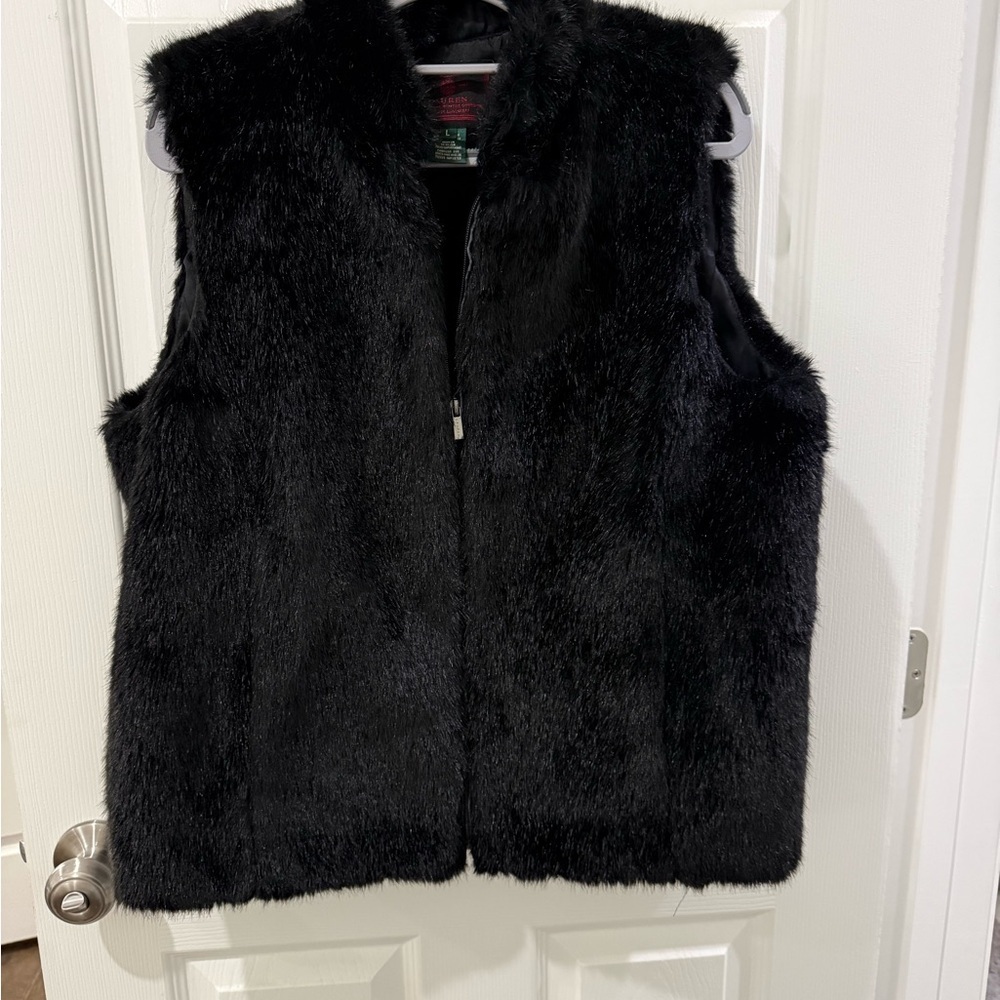 Lauren Ralph Lauren Black Faux Fur Vest size L